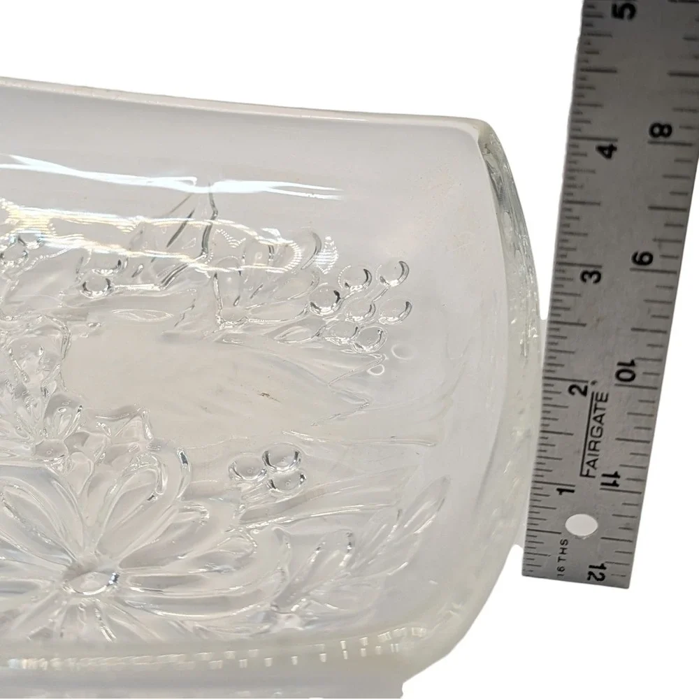 Vintage Gorham Crystal Square Bowl Dish Etched Cardinals Christmas Holly‎ Ribbon